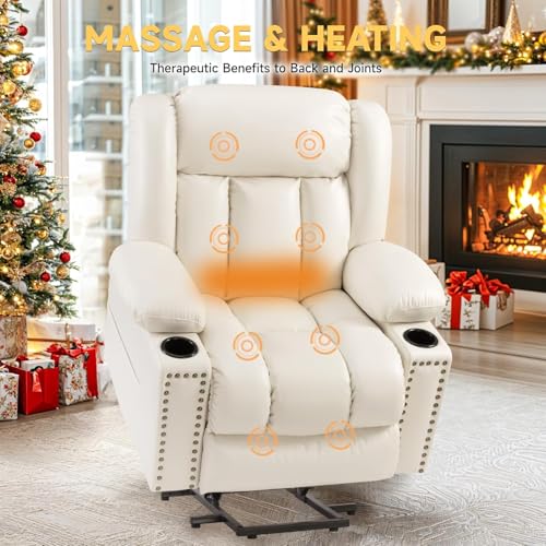 Large Power Lift Chairs Recliners for Elderly with Heated and Massage, Overstuffed Adjustable Lift Chairs, 3 Positions, Breathable Leather, USB-A and USB-C, Cup Holder, Side Pocket Dark Brown