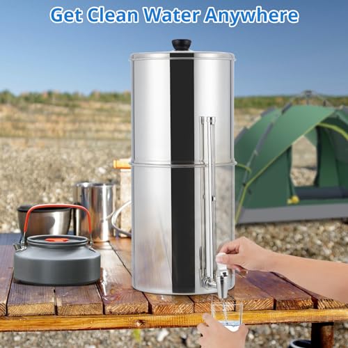 Gravity-fed Water Filter System, 2.25G Stainless Steel Countertop Water Filter System with 2 Black Carbon Filters, Metal Water Level Spigot and Stand, for Home, Camping