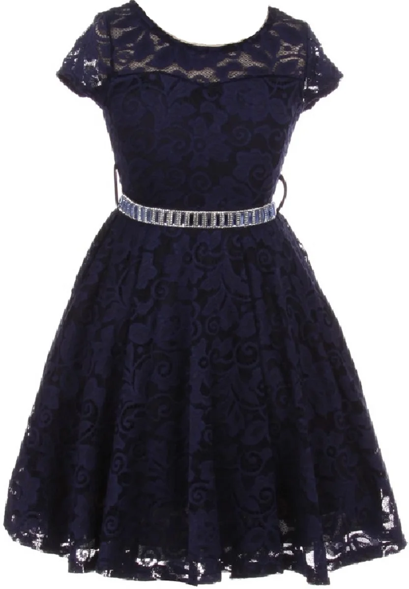 Lovely Floral Lace Rhinestones Skater Party Easter Flower Girl Dress for Big Girl Navy 6 JK19.88S BNY Corner - Curated Treasures Market