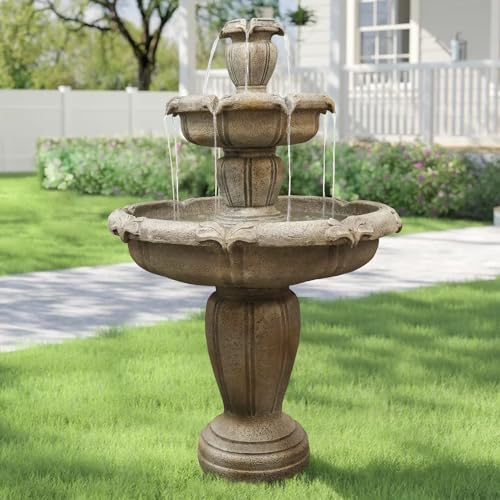 48” H Outdoor Floor Water Fountain, 3-Tiers Concrete Water Fountain with Submersible Electric Pump - Garden Cascading Waterfall for Yard Patio Lawn Home Decor