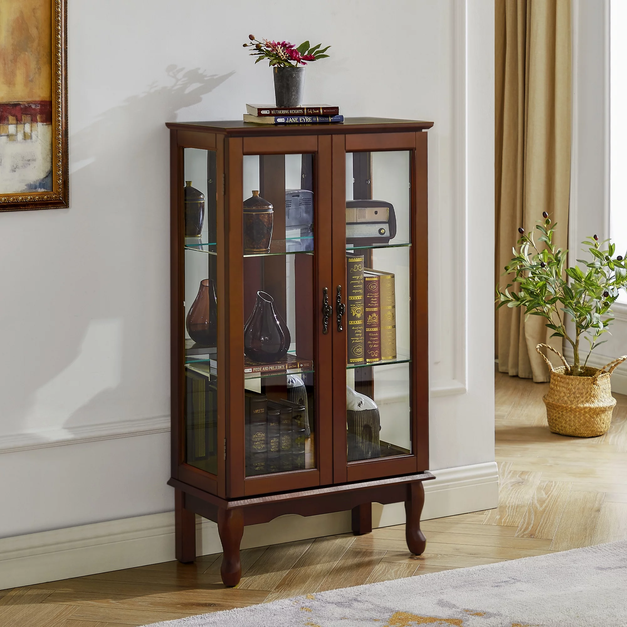 3 Shelf Lighted Curio Cabinet, 43.5" Tempered Glass Floor Display Cabinet with Adjustable Shelves and Mirrored Back Panel, E26 light Bulb Not Included, Walnut