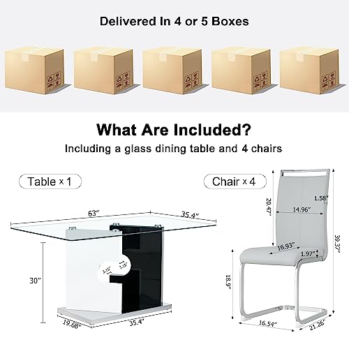 Glass Dining Table Set for 4,5 Piece Dining Table Set, Tempered Glass Table Top and Modern Design MDF Base with 4 PU Leather Ergonomic Dining Chairs