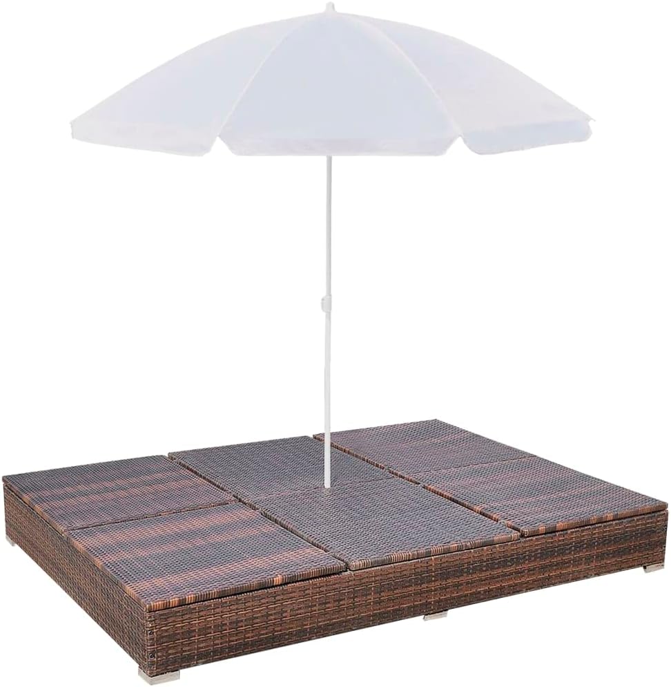 Double Sun Lounger with Cushion and Umbrella | 2-Person Patio Chaise Lounges | Adjustable Outdoor Sunbed | Garden Sunlounger Daybed | Sun Lounge Bed for Pool Beach Bakcyard | Brown Poly Rattan