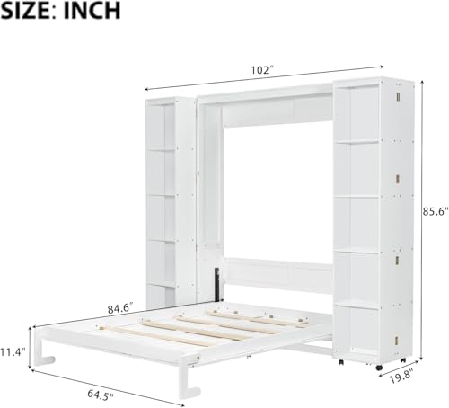 MERITLINE Foldable Hidden Queen Murphy Bed Cabinet with Storage Bookshelf Bookcase, Wood White Murphy Wall Bed with Storage Shelves for Adults (Espresso)