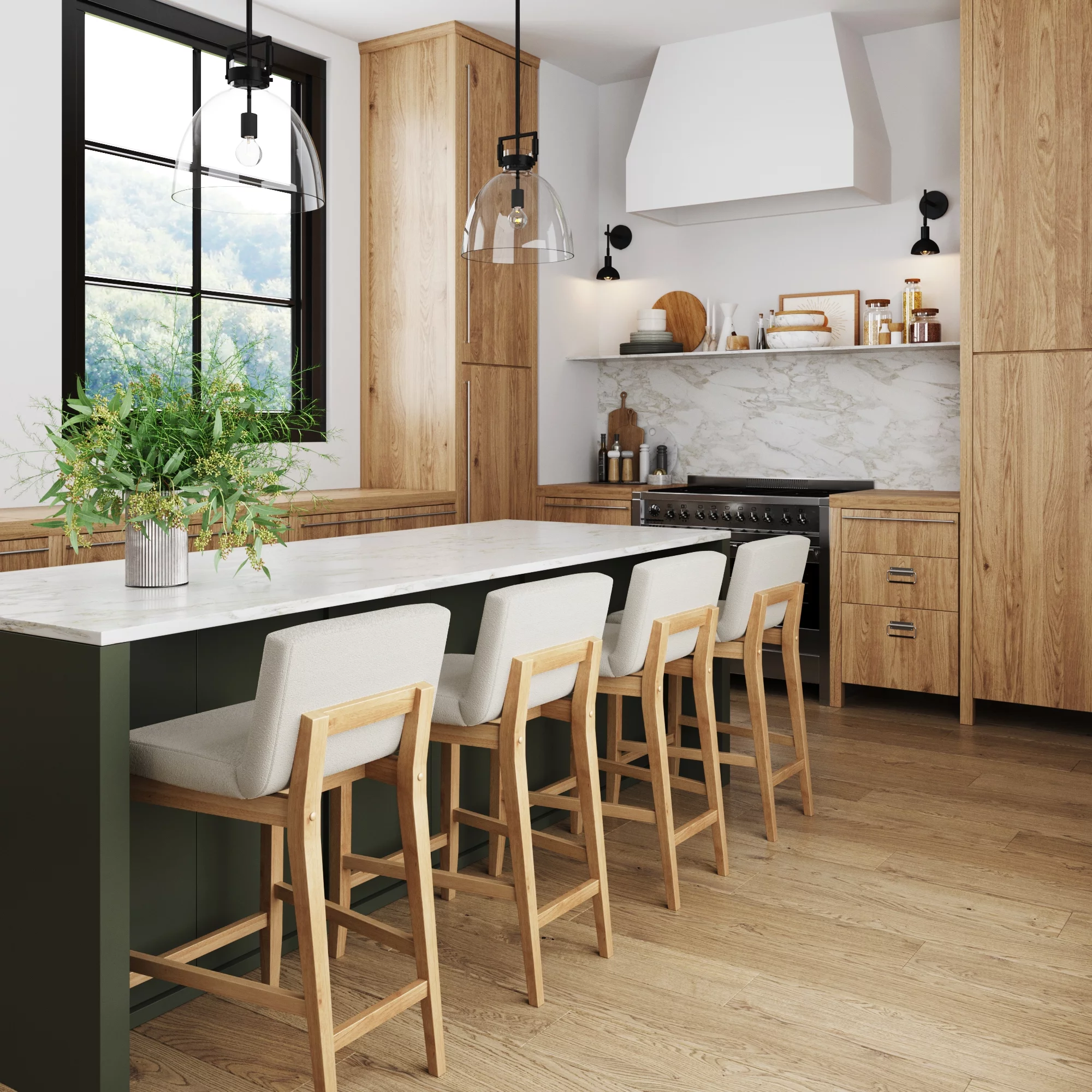 Gracie Modern Counter Height Bar Stool with Back, Counter Stool Upholstered Chair with Natural Textured Boucle Linen and Brushed Wooden Legs, White/Light Brown