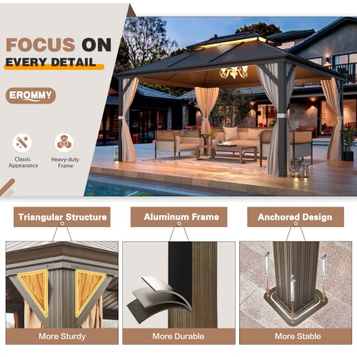 EROMMY 14'x20' Hardtop Gazebo Double Roof Galvanized Steel Canopy Outdoor Aluminum Frame Permanent Metal Pavilion with Netting and Curtains for Patio Backyard Deck and Lawns