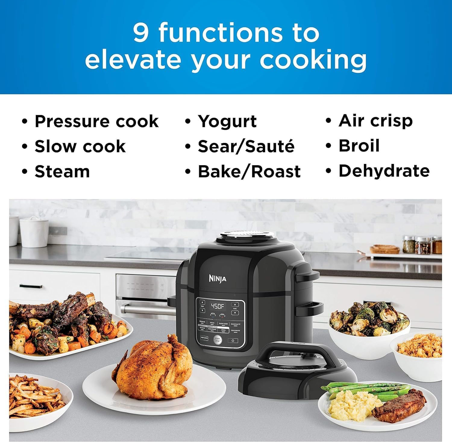Ninja OP301 Foodi 9-in-1 Pressure, Broil, Dehydrate, Slow Cooker, Air Fryer, and More, with 6.5 Quart Capacity and 45 Recipe Book, and a High Gloss Finish