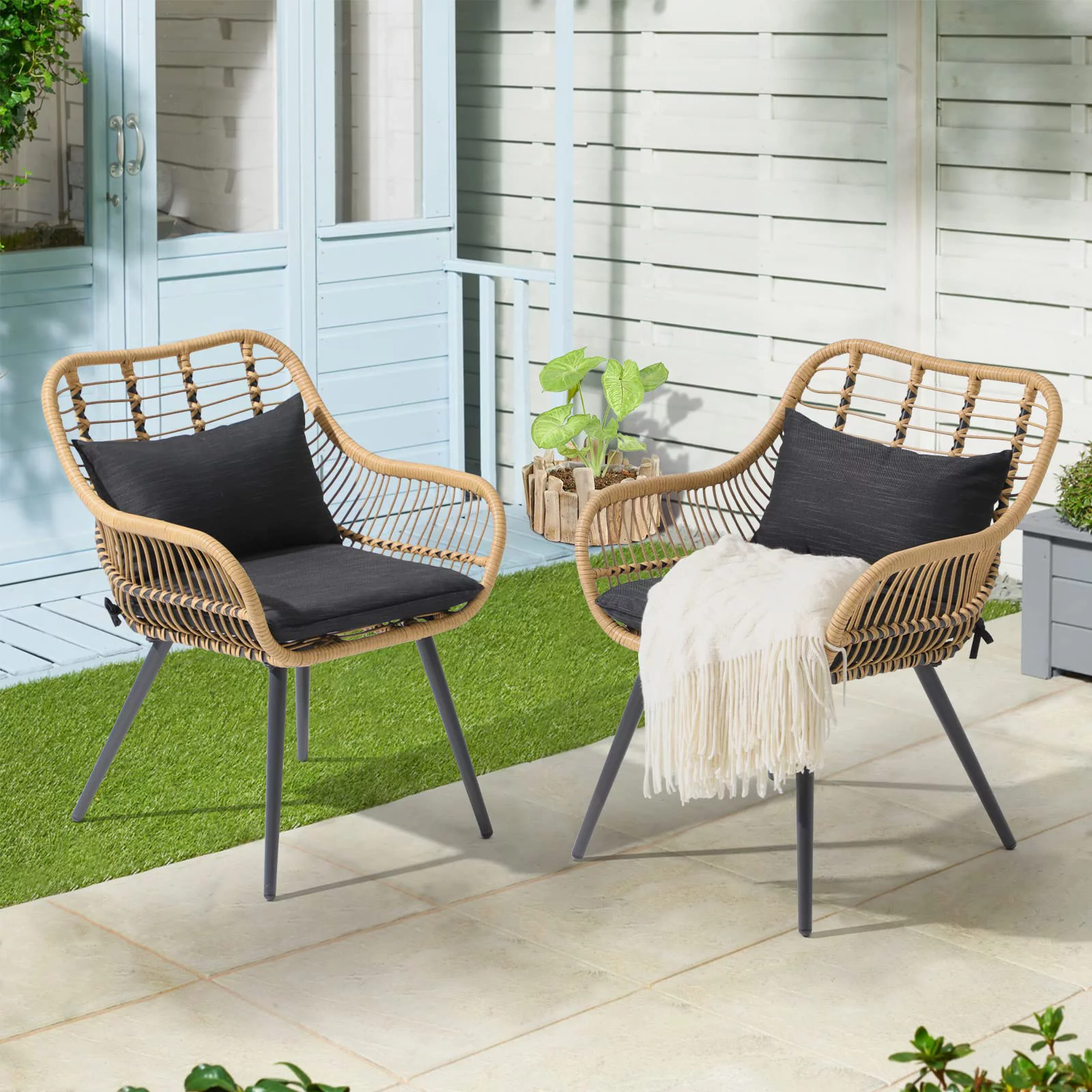 JOIVI Outdoor Wicker Chairs Set of 2, Patio Dining Chairs with Cushions, All-weather Rattan Porch Chairs with Armrest for Outside Lawn, Balcony, Garden, Black