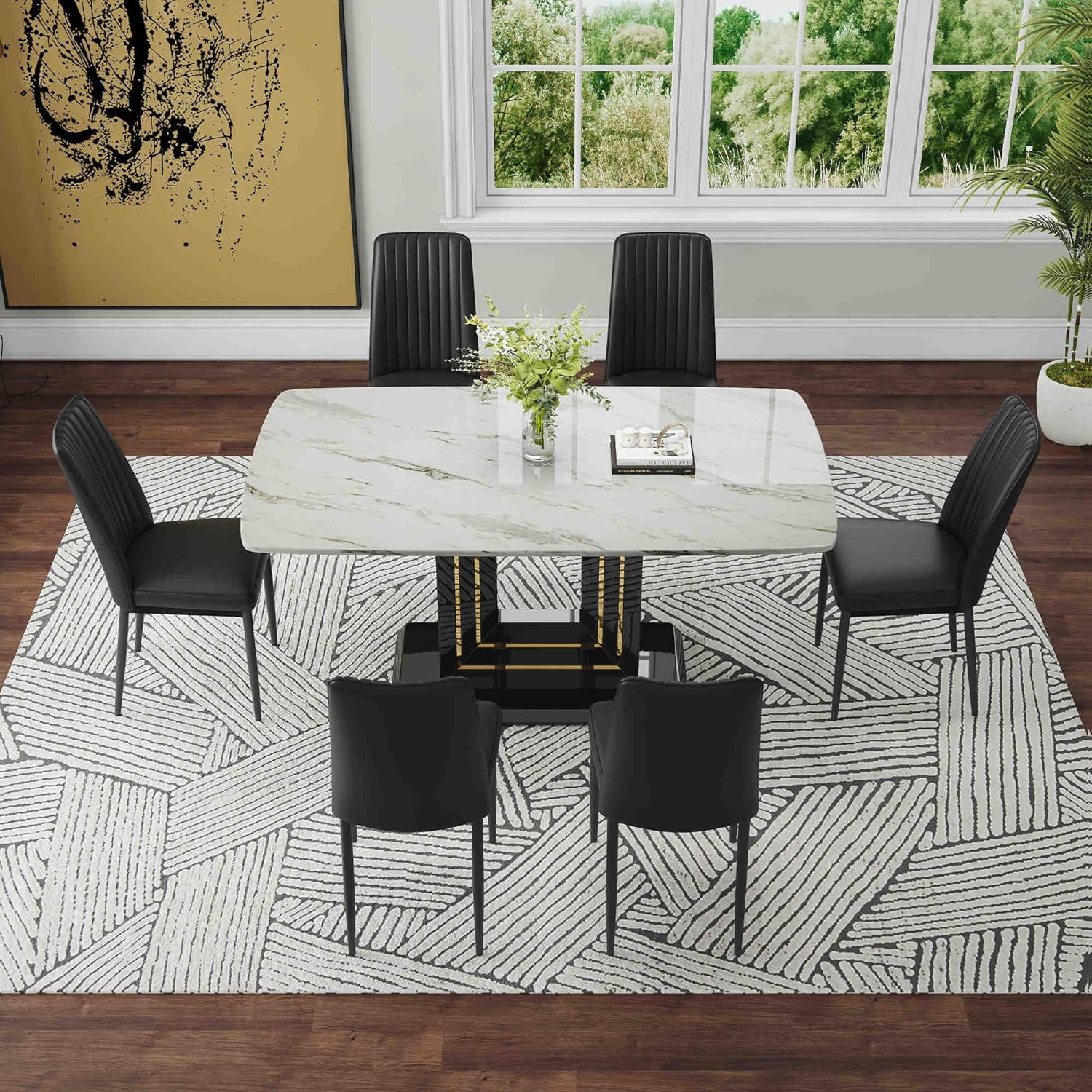 Stylish Furniture for 6 People Modern 7-Piece Dining Table Set with 6 Soft Chairs - Faux Marble Kitchen Table U Shape Table Legs