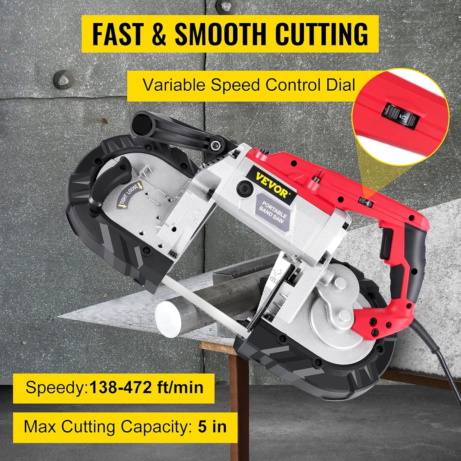 VEVOR Portable Band Saw, 5Inch Cutting Capacity Cordless BandSaw, Variable Speed Hand held Band Saw,10Amp Motor Portable Bandsaw, Deep Cut Bandsaw for Metal Wood Tubing Pipes Rebar and Plastic
