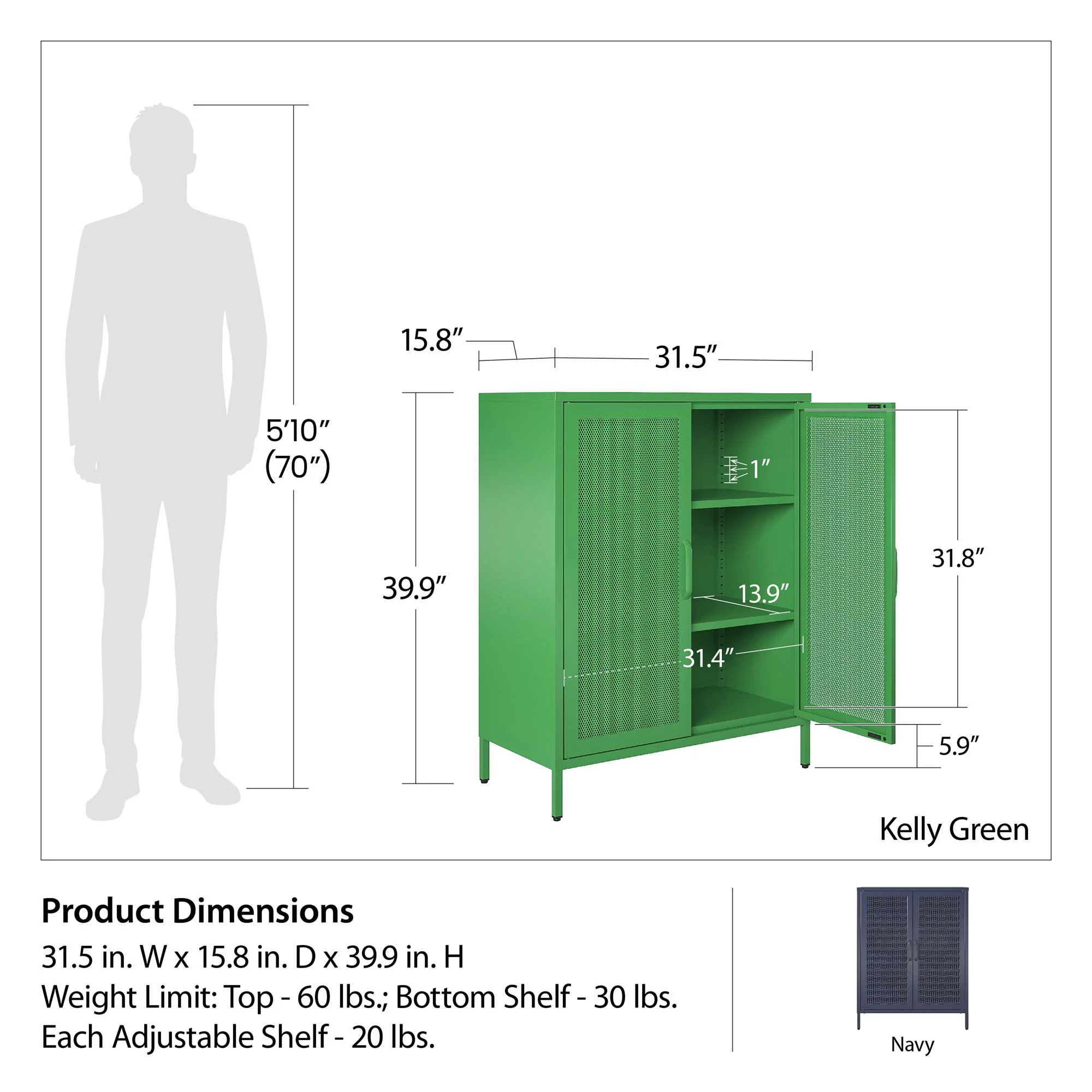 Novogratz Channing 2 Door Accent Cabinet-Mesh Metal Locker, Kelly Green