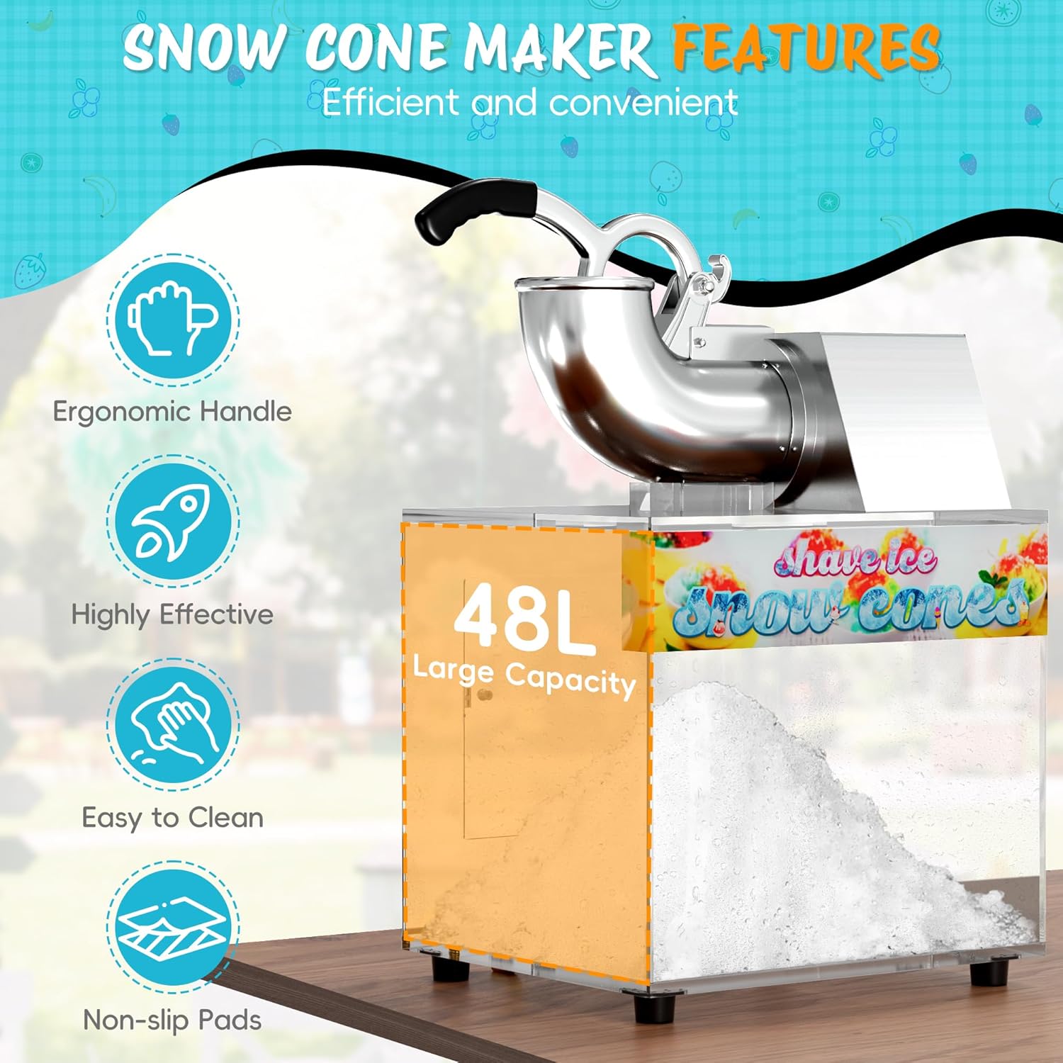 48L Snow Cone Machine, 500LB/H Commercial Shaved Ice Machine for Snow Cones, 300W Electric Fluffy Snow Cone Maker for Party, Suitable for Party Activities, Family Gatherings, Sale