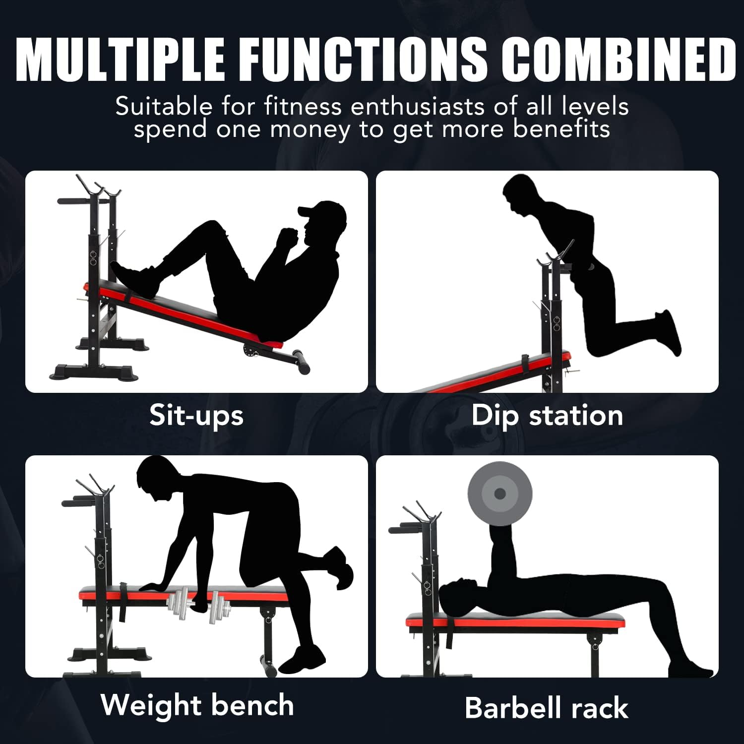 PayLessHere Adjustable Weight Bench with Barbell Rack,Bench Press Folding Multi-Function Workout Bench with Dip Station & Curl Bar, Weight Lifting Bench Strength Training Bench for Home Gym