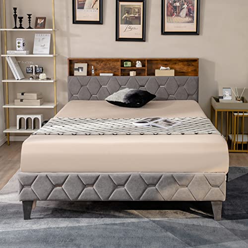 Giantex Queen Size Bed Frame with Storage Headboard, Modern Upholstered Platform Bed w/ 4 Storage Shelves & Hidden Space, Mattress Foundation, 12 Strong Slats Support, No Box Spring Needed