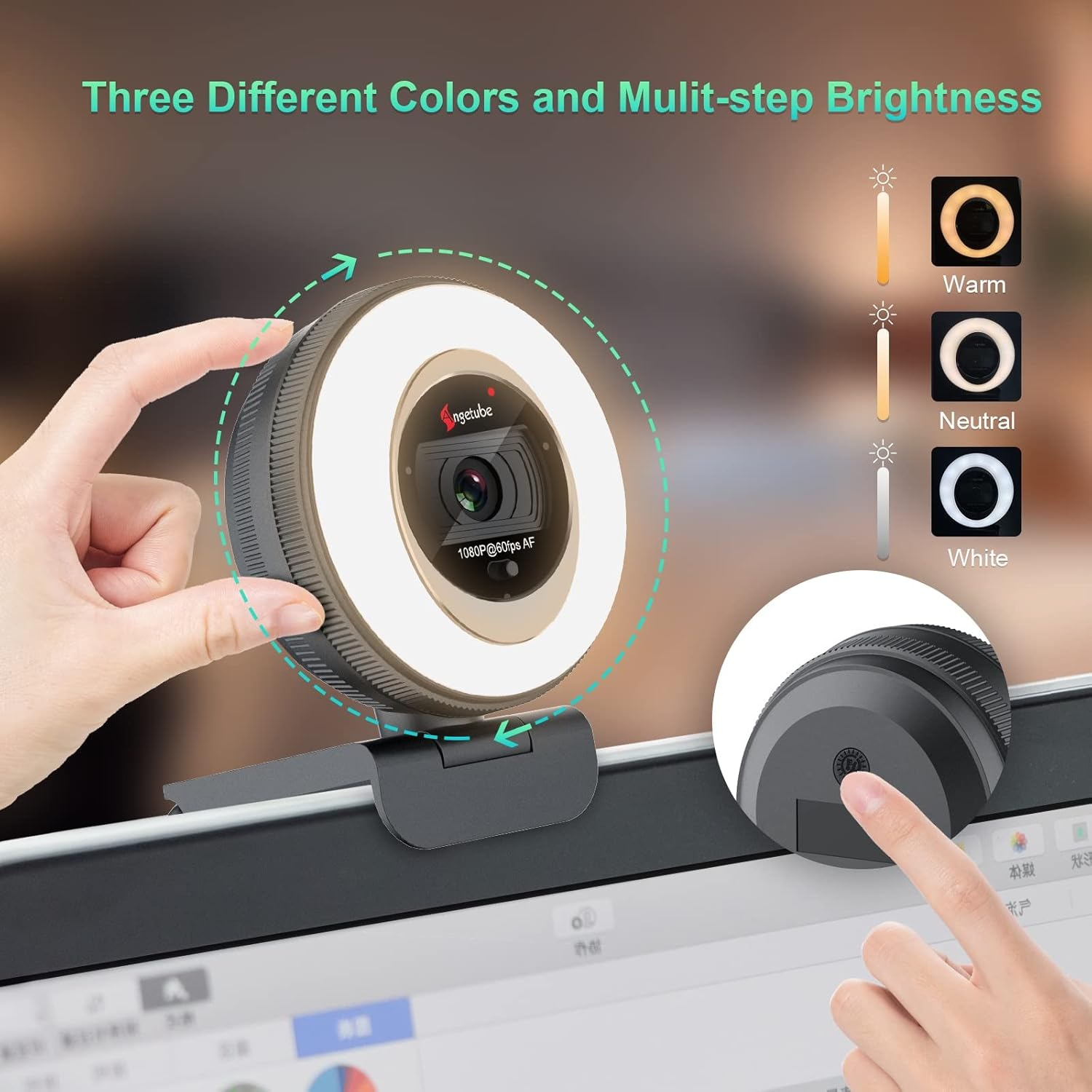 Zoomable Webcam with Remote, Streaming Webcam with Ring Light 1080P 60FPS 2X Digital Zoom Built-in Dual Stereo Microphone and Privacy Cover for Zoom/Skype/Teams/Webex, Mac Windows