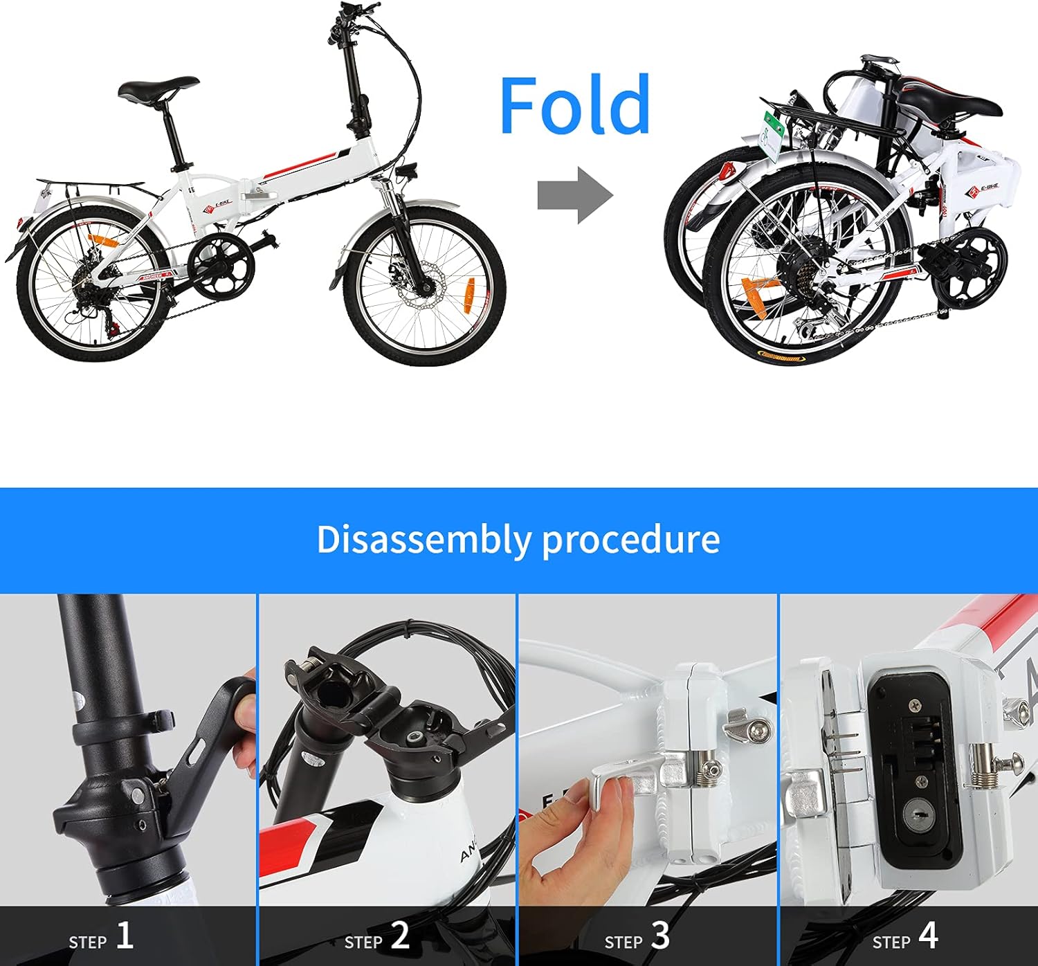 20 Folding Electric Bike with Removable Large Capacity Lithium-Ion Battery (36V 250W), Electric Bicycle 7 Speed Gear and Three Working Modes (White, 20 inch)