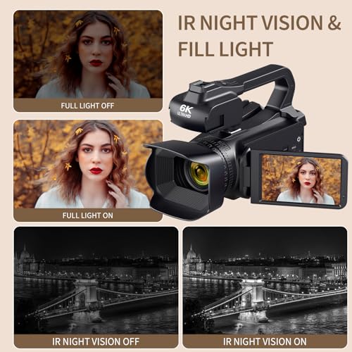 Camcorder Video Camera 6K 64MP IR Night Vision Vlogging Camera for YouTube 18X Digital Zoom 4.0" Touch Screen Digital Camera with WiFi, Microphone, Charger, Stabilizer, Remote Control and 64G SD Card