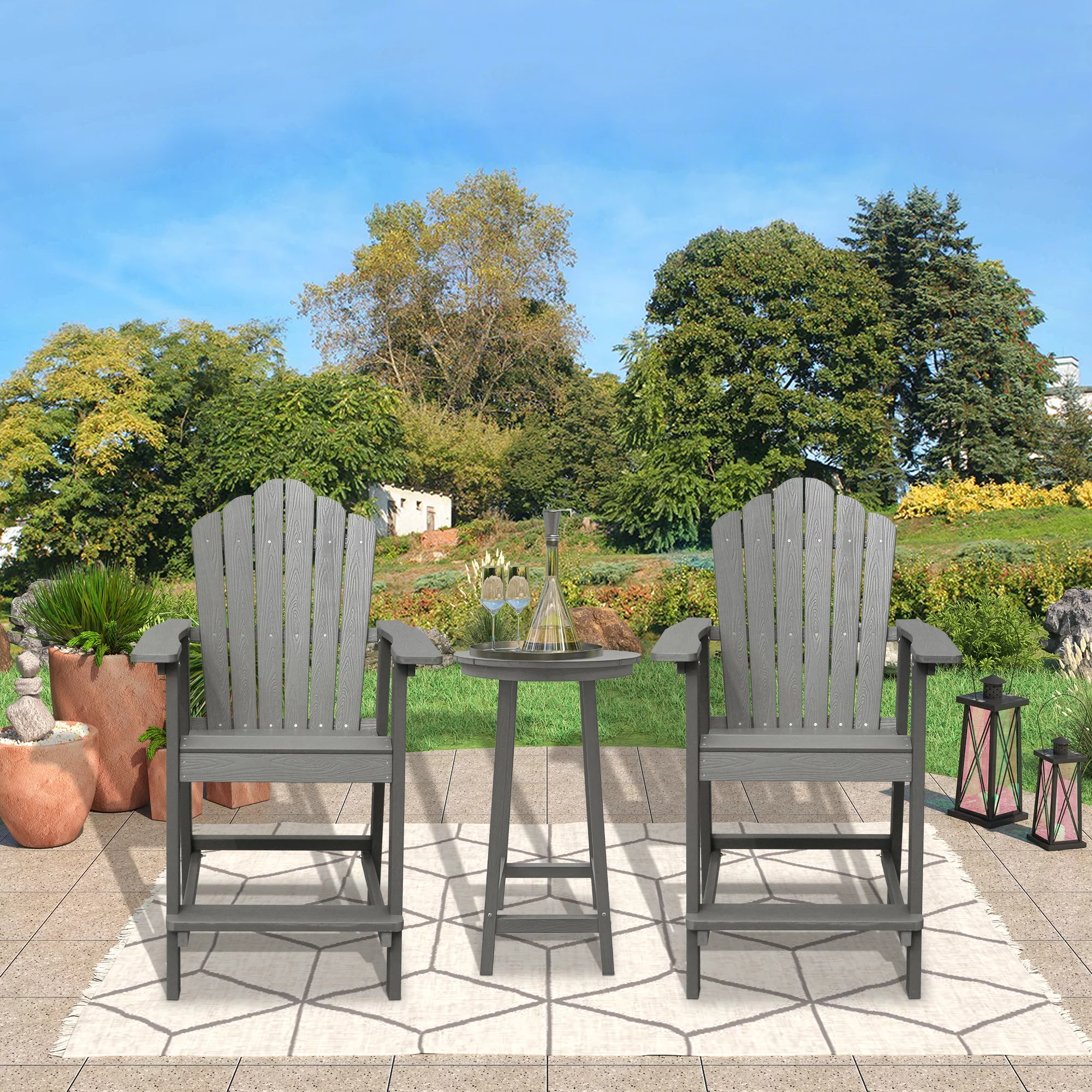 Boyel Living Tall Adirondack Chair Set (Set of 2)with Round Tall Bar Table Balcony Chair,Adirondack Chair Bar Stools for Patio Garden Lawn Pool Backyard Outdoor Deck Chair Weather Resistant Gray - Curated Treasures Market