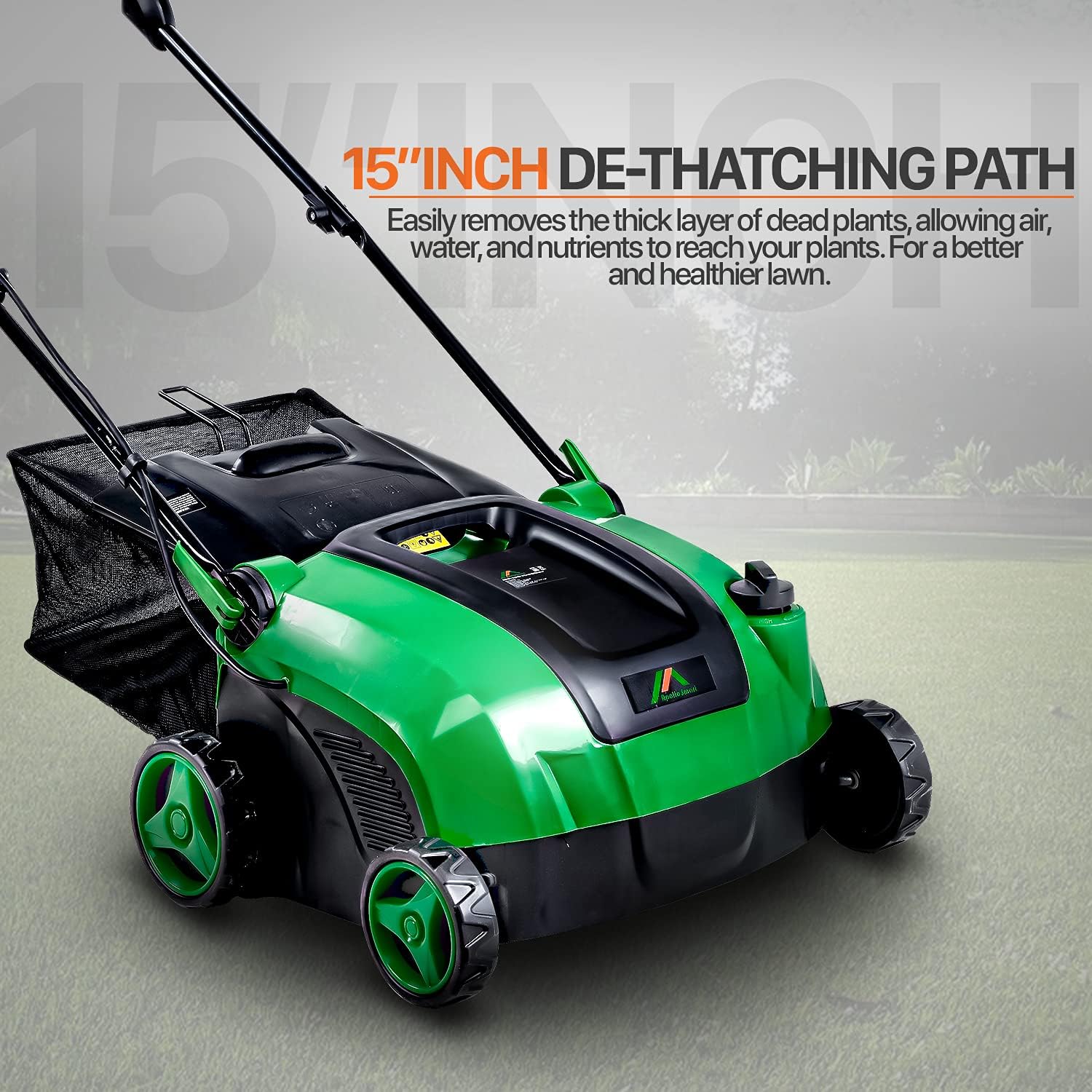 ApolloSmart 2 in 1 Walk Behind Scarifier, Lawn Dethatcher Raker Corded Electric 120V 12-Amp 15-Inch Rake Path with Collection Bag for Yard, Lawn, Garden Care, Landscaping