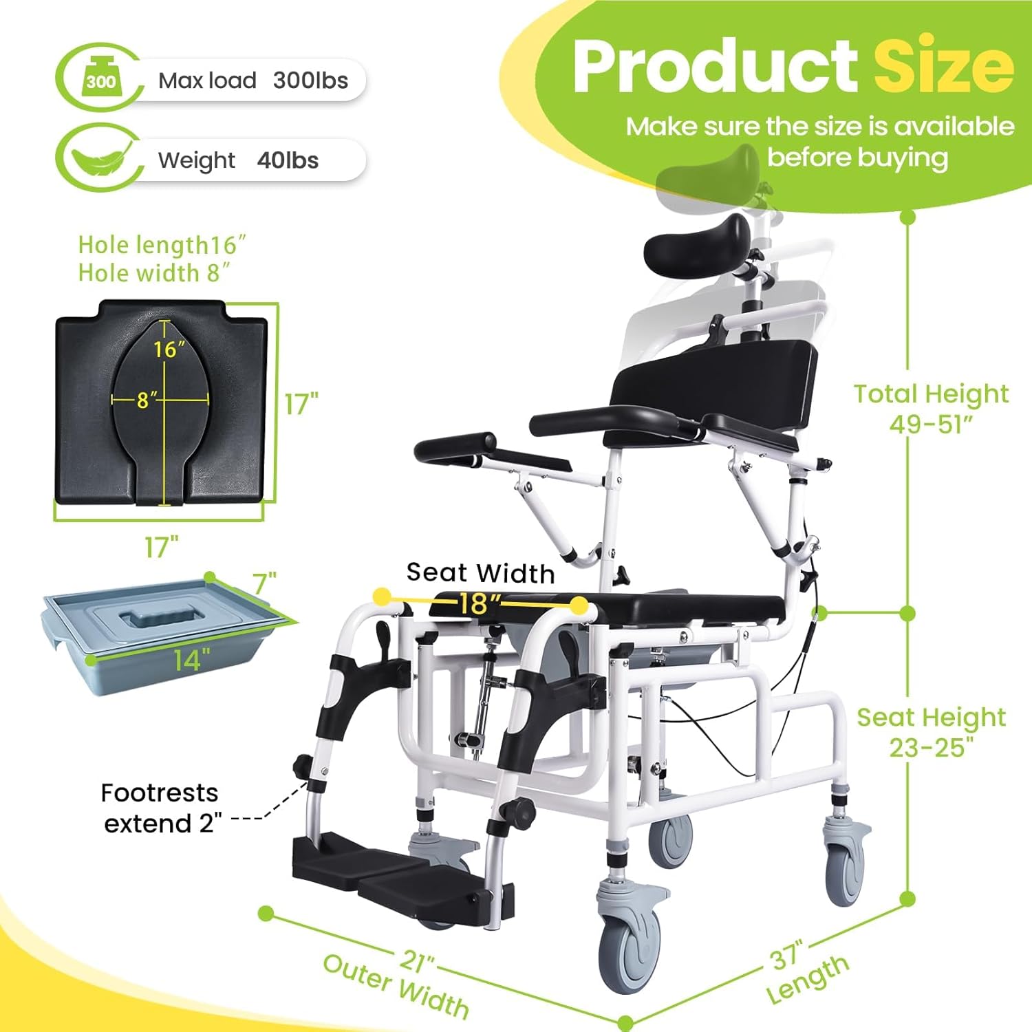 Shower Chair with Soft Seat Cushion, Reclining Shower Chair, Transport chair Medical Shower Chair, Toilet Chair 300lbs Weight Capacity