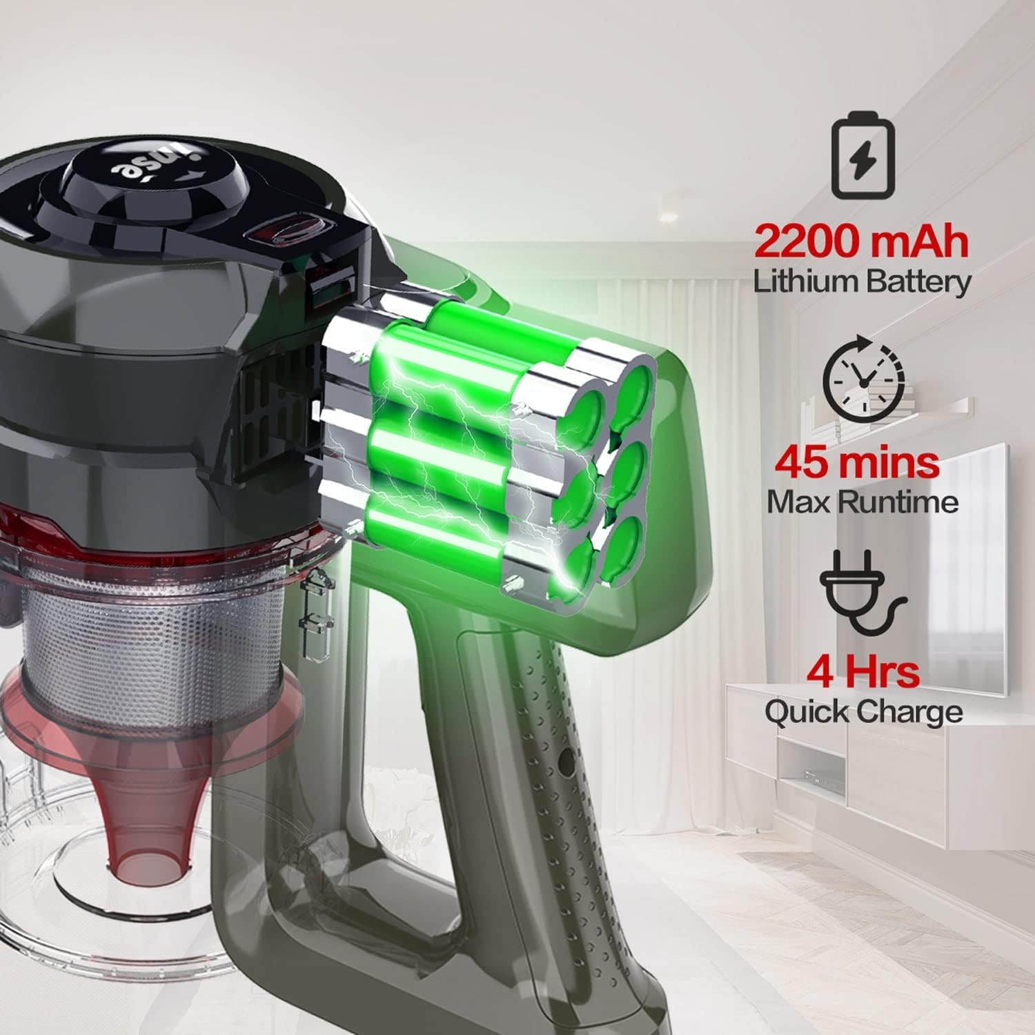 Cordless Vacuum Cleaner, 6-in-1 Rechargeable Stick Vacuum with 2200 mAh Battery, Powerful Lightweight Vacuum Cleaner, up to 45 Mins Runtime, for Home Hard Floor Carpet Pet Hair, Red