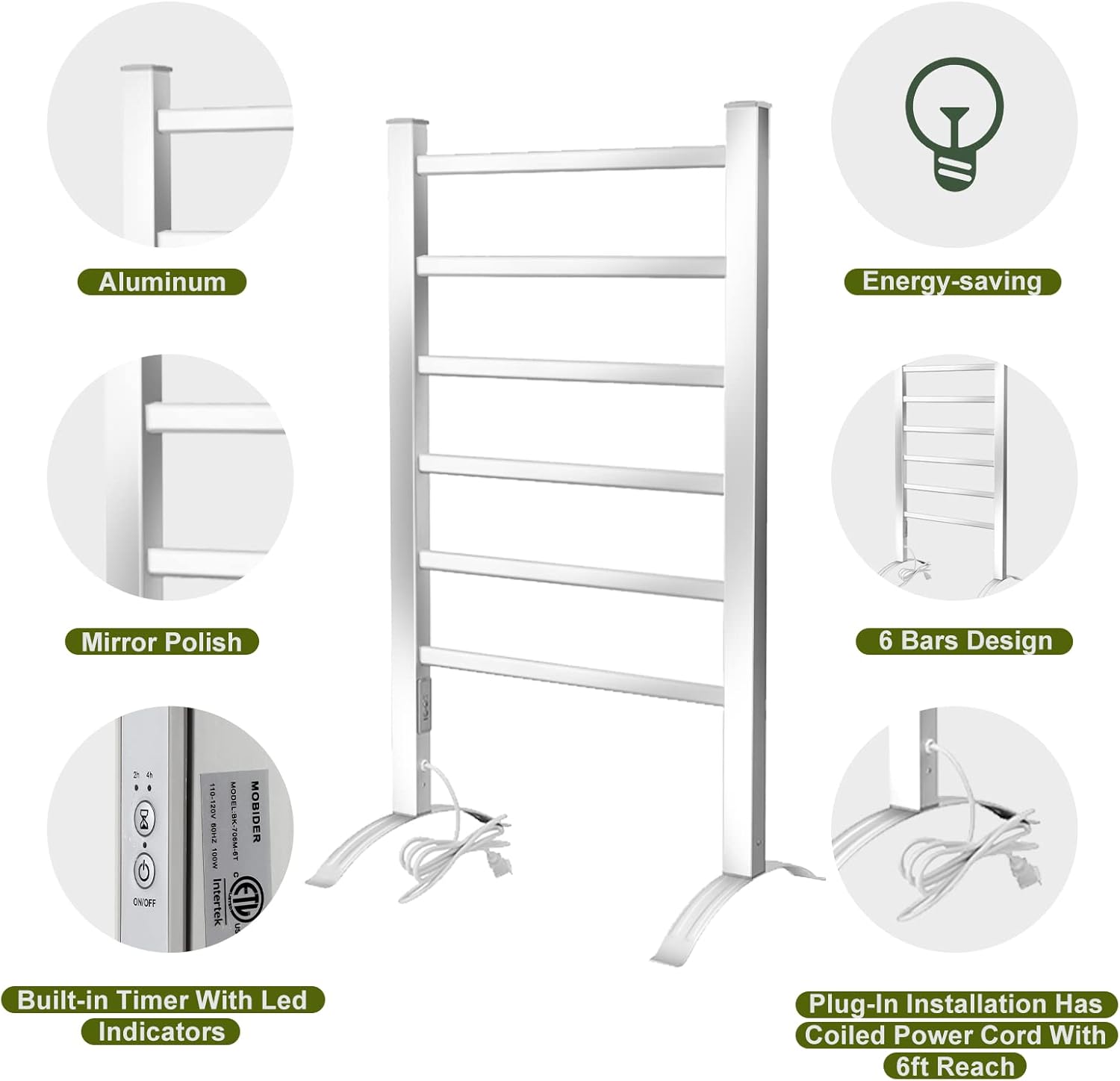 Towel Warmer for Bathroom - Heated Towel Rack with Timer- Towel Heater with Wall Mounted Plug-in Design for Drying Spa, 6 Bars