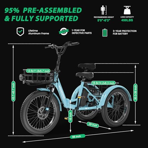 MOONCOOL Electric Tricycle Trike for Adults 350W 36V Removable Battery 24/26 Inches 7 Speeds 3 Wheels Electric Bikes Bicycle for Adults, Three Wheel Electric Cruiser Tricycle