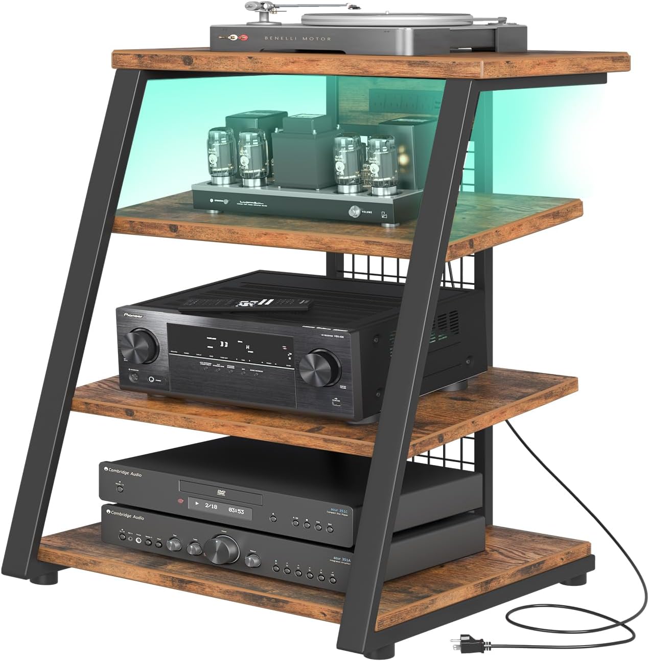 AV Media Stand with Outlets, Stereo Racks with LED Lights, Media Console, Record Player Stand, Media Audio Tower Cabinet, 30'', Rustic Brown