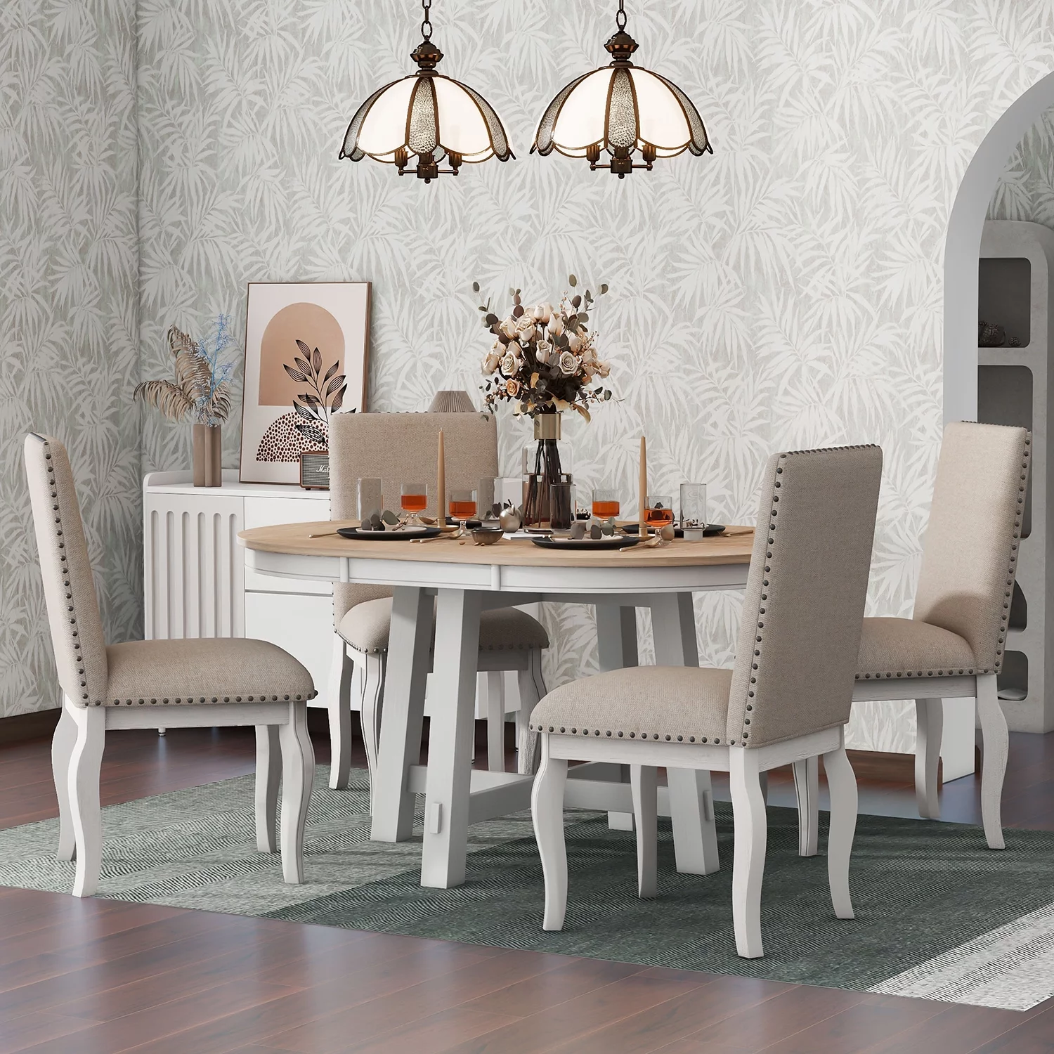 Churanty 5 Piece Farmhouse Dining Table Set Wood Round Extendable Dining Table and 4 Upholstered Dining Chairs,Oak Natural Wood + Antique White