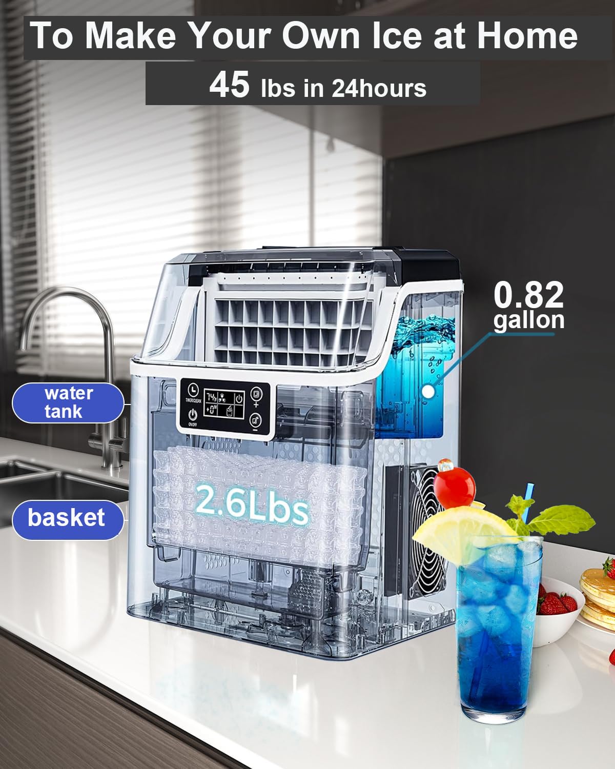 Kndko Ice Makers Countertop, 45Lbs/Day, 2 Ways to Add Water, Countertop Ice Maker, 24 Pcs Ready in 13 Mins, Self Cleaning Ice Maker, 24H Timer, Perfect for Home Bar RV, Stainless Steel Ice Maker