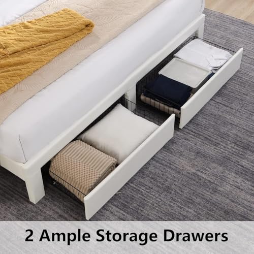 Queen Bed Frame with Headboard & Charging Station, Upholstered Platform Bed Frame with 2 Storage Drawers, Sturdy Wooden Slats Support/No Box Spring Needed/Noise Free/Easy Assembly/White