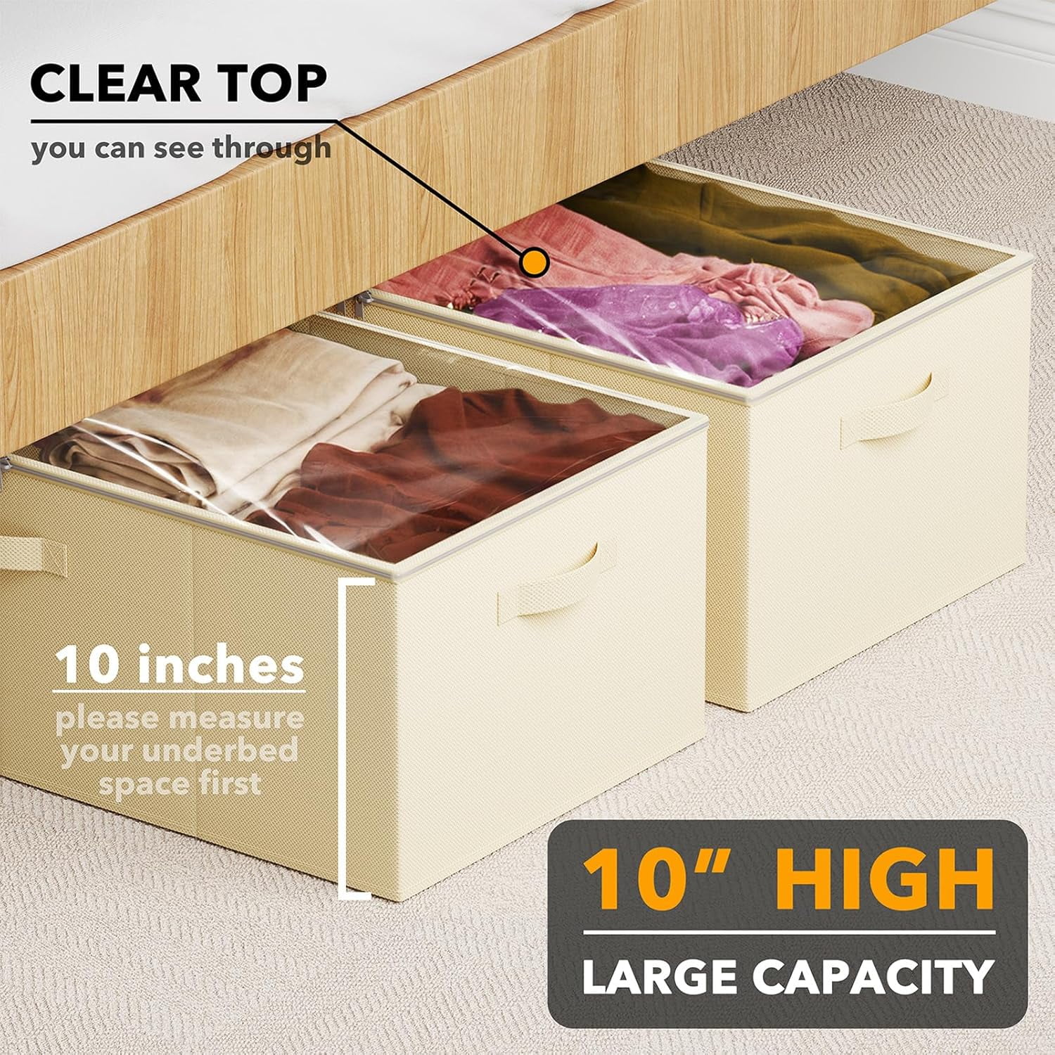 2 Pack 10 High Under Bed Storage Containers, Large Underbed Storage Organizer Bins with Lids for Bedroom, Dorm, Clothes, Closet Organization, Bed Sheets and Blankets (Beige)