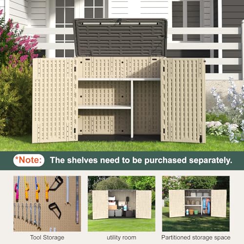 60 Cu.Ft Vertical Outdoor Storage Shed, All-Weather Resin Storage Cabinet Waterproof with Lockable Floor, Tall Backyard Shed for Patio Furniture, Garage, Garden, Pool Accessories, Porch (Khaki)