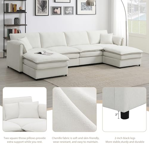 134" Oversized Modular Sectional Sofa, Modern U Shaped Cloud Couch Set with Double Cushions, Comfy Chenille 6 Seat Sleeper Sofa Bed with 2 Ottomans for Living Room, Bedroom, Office (Cream)