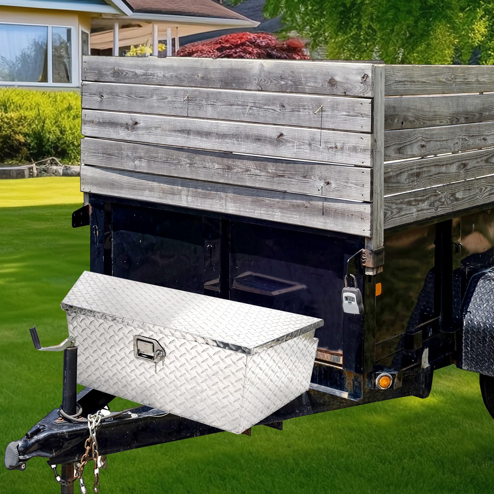 Confote Heavy Duty Aluminum Diamond Plate Trailer Tongue Box with Lock and Keys  for Secure Tool Storage on Your Trailer, Silver,39 x 16.5 x 12 Inches