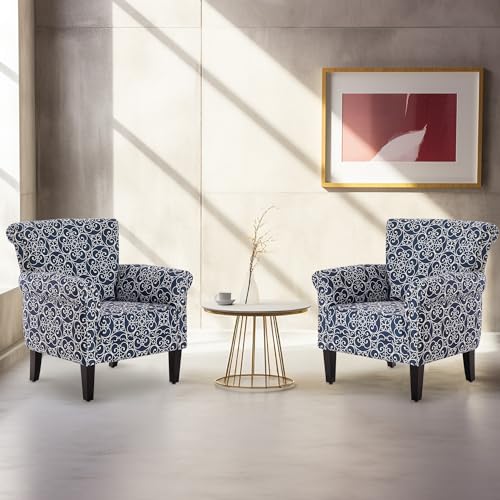 BELLEZE Upholstered Wingback Accent Chair, Fabric Armchair Club Chair, Nailhead Trim High Back Patterned Corner Chair for Living Room Bedroom - Rosette (Navy Blue/White)