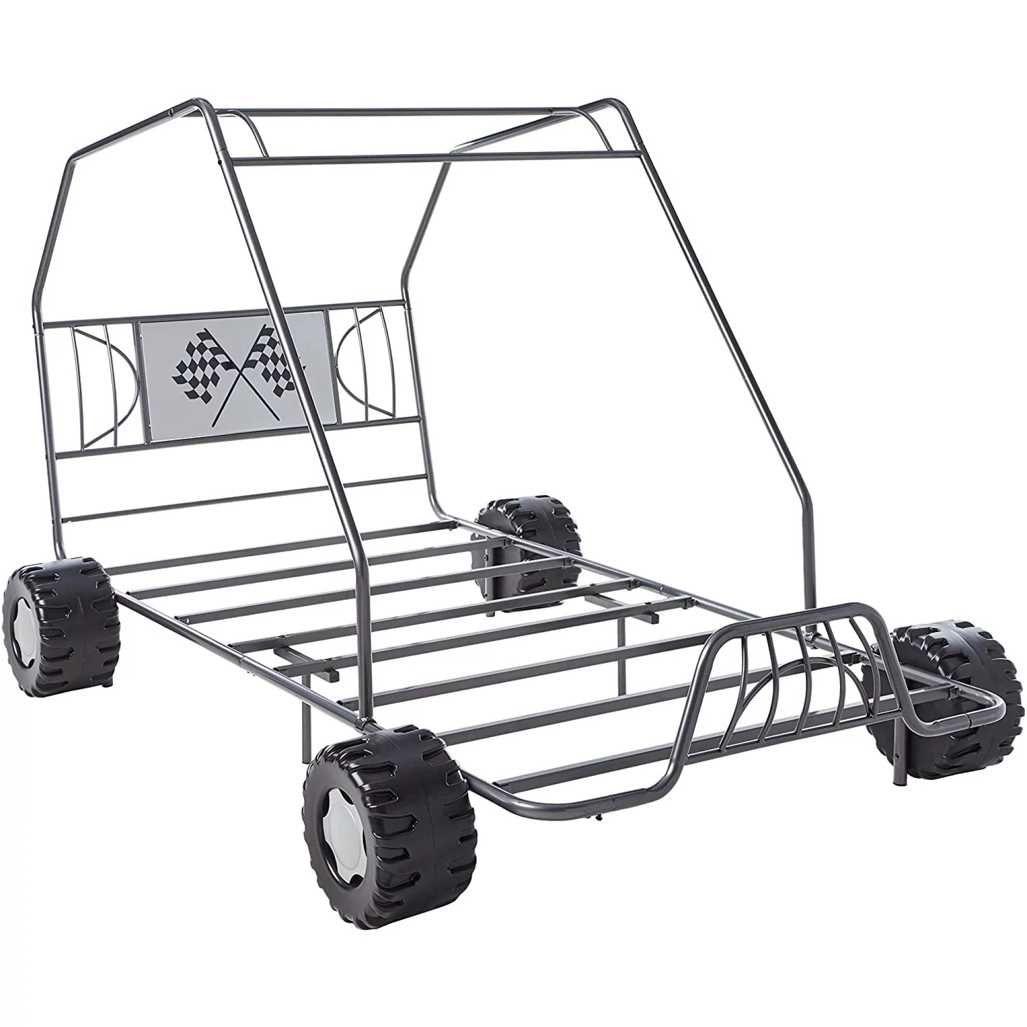 Miekor Furniture Xander Twin Car Bed in Gunmetal Metal Go Kart Dune Buggy Frame Boys Racing Slat Style
