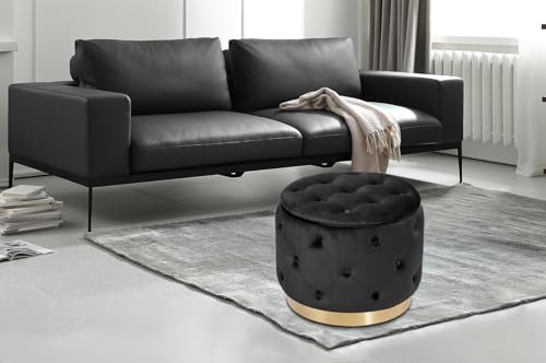 Button Tufted Velvet Round Storage Ottoman, Modern Upholstered Foot Rest Stool with Gold Plating Base, Accent Coffee Table seat for Living Room, Bedroom (Beige)