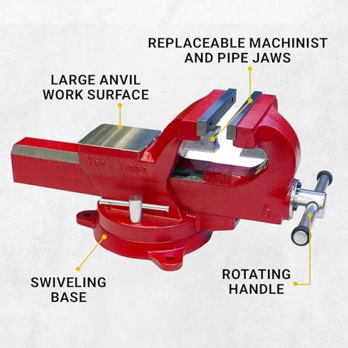 Yost Vises ADI-6 Heavy Duty Vise | 130,000 PSI Tensile Strength Austempered Ductile Iron Bench Vise | 6 Inch Jaw Width with a 360 Degrees Interlocking Swivel Base and 2 Lockdowns | Red