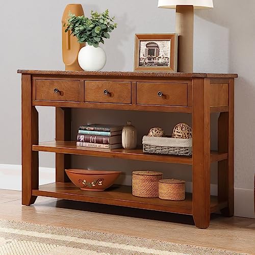 48'' Solid Pine Wood Top Console Table,Modern Side Table with 3 Storage Drawers and 2 Shelves,Entryway Table Sofa Table for Living Room,Entryway,Bedroom,Black