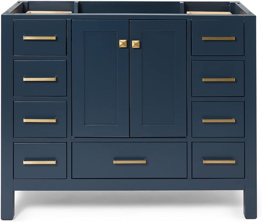 ARIEL 42 inch White Bathroom Vanity Base Cabinet with Single Sink Configuration | 2 Soft Closing Doors and 9 Full Extension Dovetail Drawers | Satin Nickel Hardware | 42 x 21.5 x 34.5