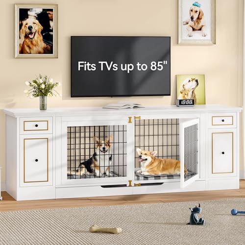 YITAHOME Double Dog Crate Furniture with Tray, 79" Dog Kennel TV Stand with Storage, Wooden Large Dog Kennel for 2 Small/Medium Dogs, White