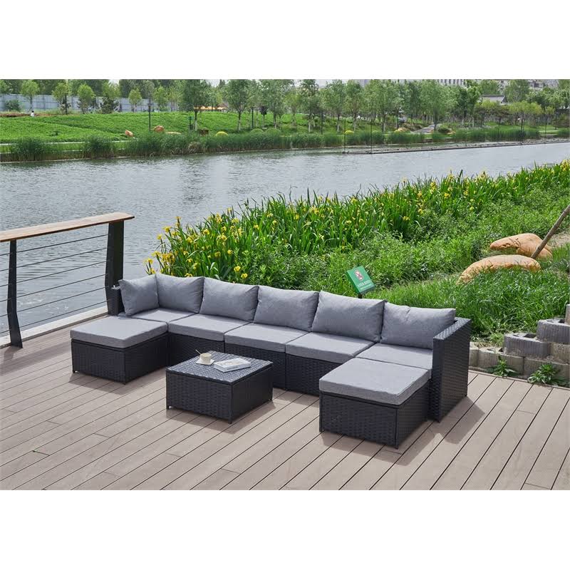 Kingway Furniture Beaufort Grey Wicker/Rattan Sectional with Storage Ottoman - W5008