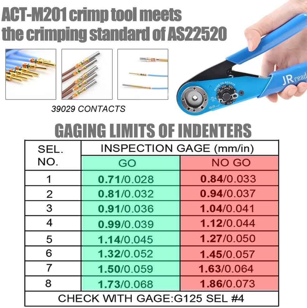 JRready ACT-M201 8 indent crimping tool design according M22520 1 01 for heavy duty circular rectangular electrical connector 38999 26482 etc. wire 12-26 awg 12 16 20 solid barrel contact