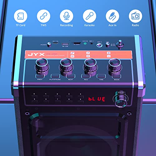 JYX Karaoke Machine with 2 UHF Wireless Microphones, Bass/Treble Bluetooth Speaker with LED Light, Support TWS, AUX In, FM, REC, Supply for Party/Adults/Kids - Black