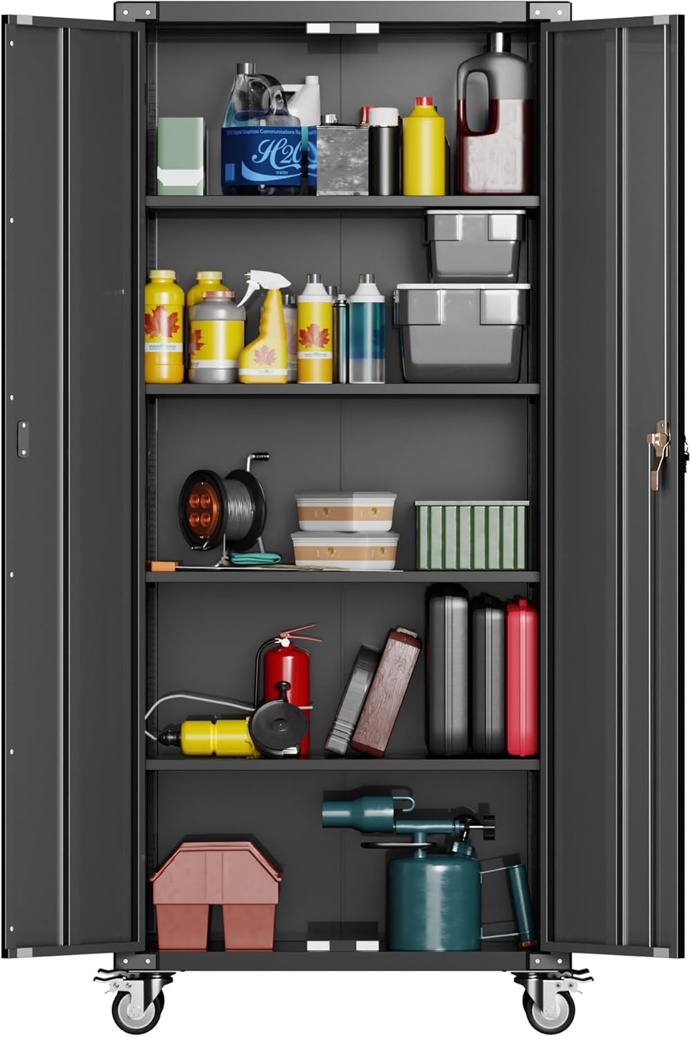 72" Black Metal Storage Cabinets with Wheels and 4 Adjustable Shelves, Lockable Rolling Cabinet Black, Home Office Metal Utility Cabinet for Garage Kitchen, Assembly Required