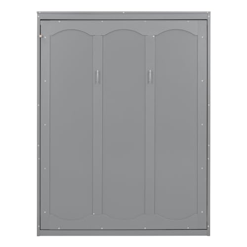 INCLAKE Queen Size Murphy Bed with Storage Shelves, Space-Saving Wooden Wall Bed,Versatile Cabinet Bed Folding Hideaway Bed for Multipurpose Room, Gray