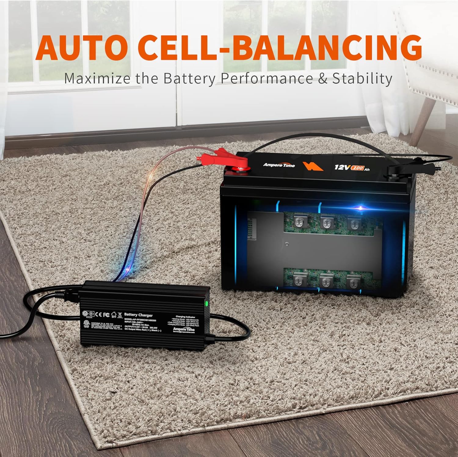 Ampere Time 12V 200Ah LiFePO4 Battery with 14.6V 20A Dedicated Lithium Battery Charger; Built-in 200A BMS, 4000+ Cycles, Perfect for RV, Solar, Marine, Overland, Off-Grid Application��