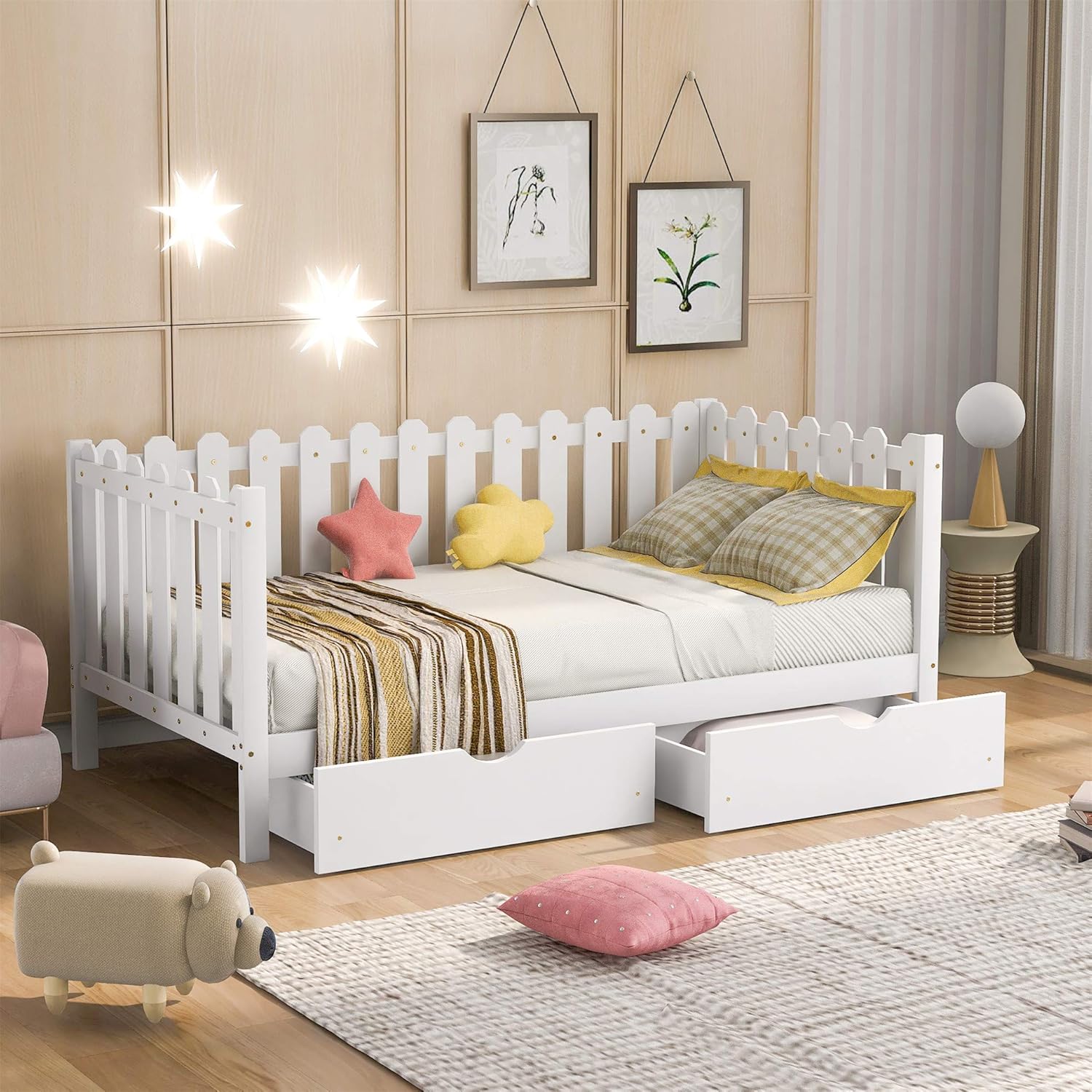 Twin Size Daybed with 2 Large Drawers, Wooden Daybed with X-Shaped Frame, Modern and Rustic Casual Style Daybed (White)