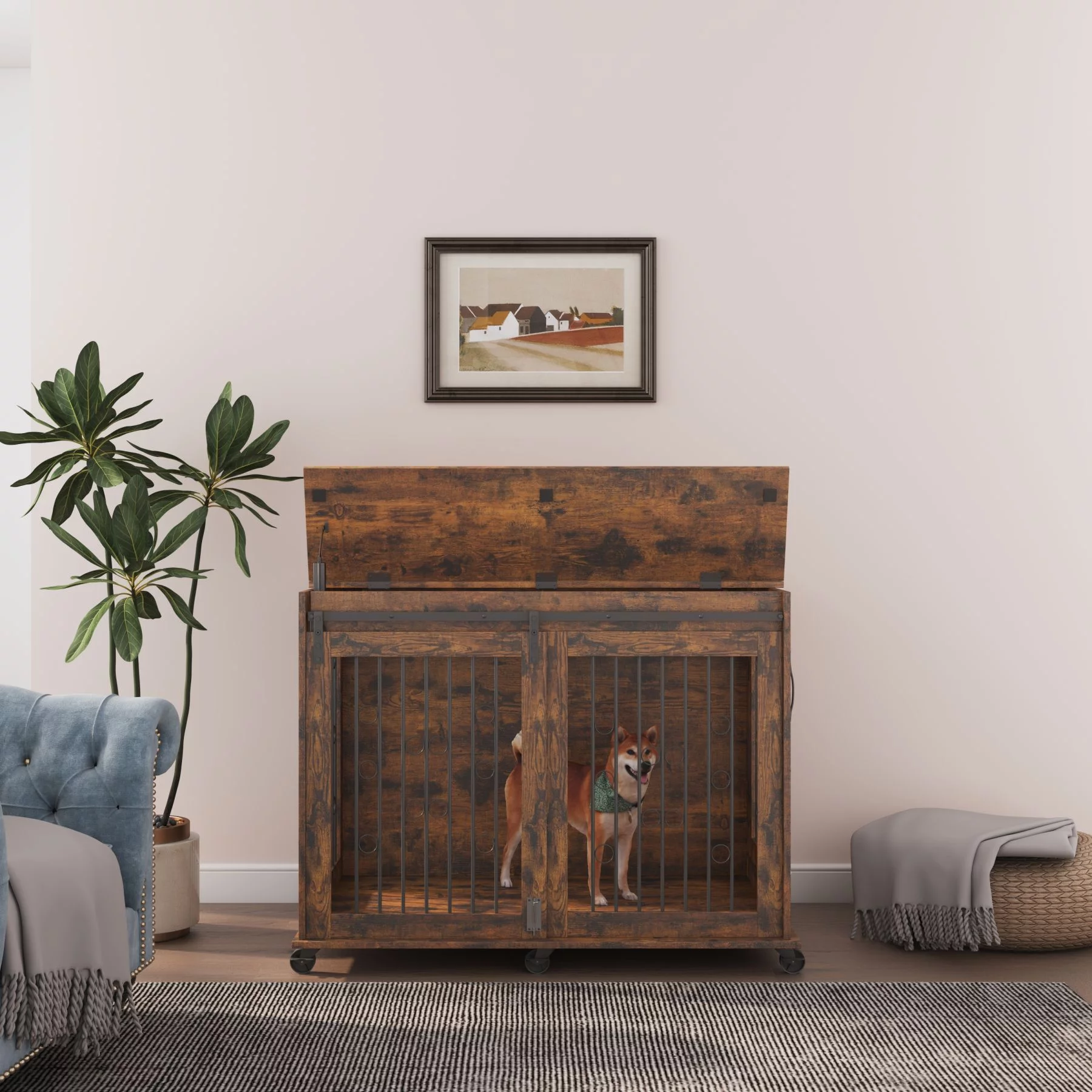 Ouyessir Dog Crate Furniture with Sliding Barn Door,Upgraded Large Wooden Dog Kennel End Table with Wheels and Flip-top Plate Dog House(Rustic Brown)